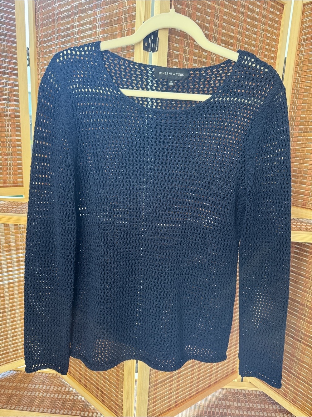 Jones New York Navy Open-Weave Crew Neck Sweater N0346